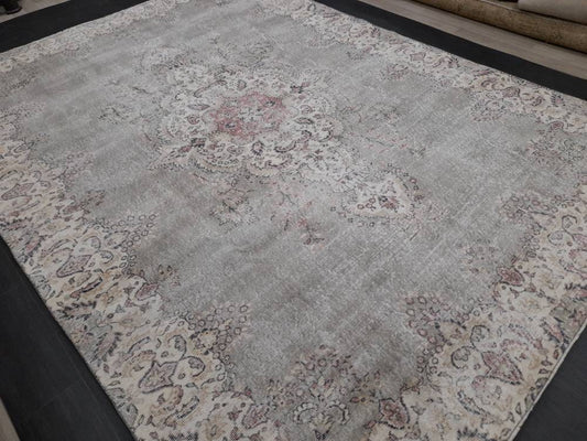 Turkish Rug 8 x 11 Large Area Rug Pastel color Vintage Rug HandMade Distressed Oushak Rug Muted Rug Grey-green Rug Wool Pile Rug Moss Green