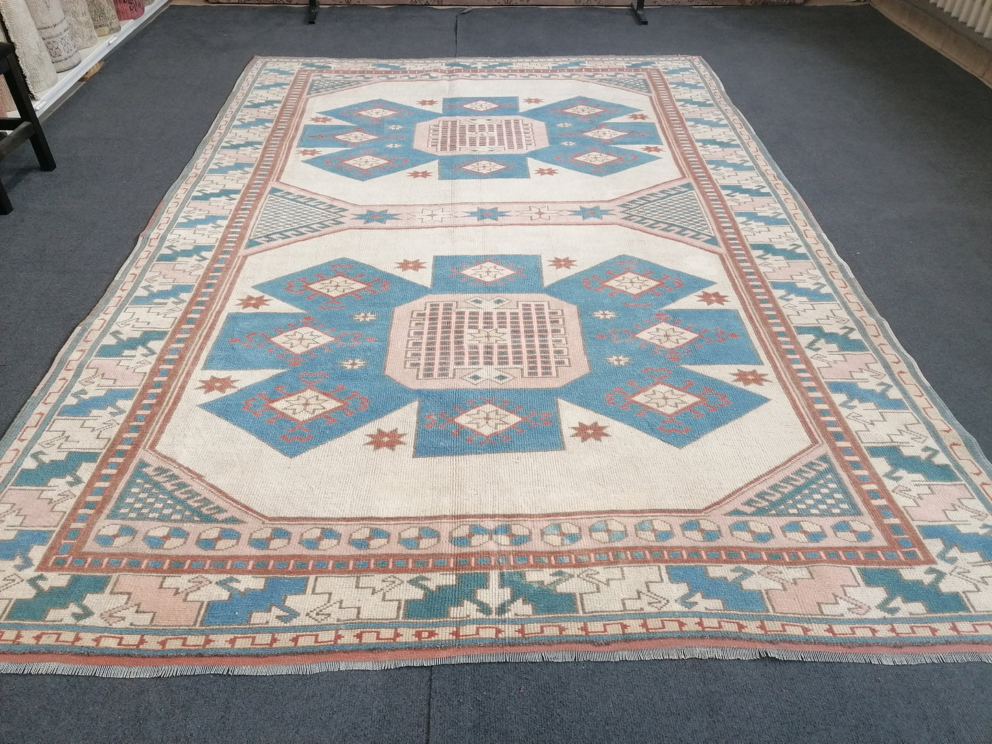 6x8 feet oversize vintage turkish rug, soft oushak handmade rug, pastel blue kitchen area rug, lounge anatolian rug,oversize office area rug