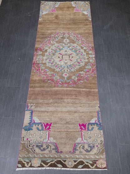 Vintage Runner Rug 3.6 x 10.5 Turkish Runner Rug Varigated  Brown Vintage Runner Rug Hallway Runner Rug Kitchen Runner Rug Wool Runner