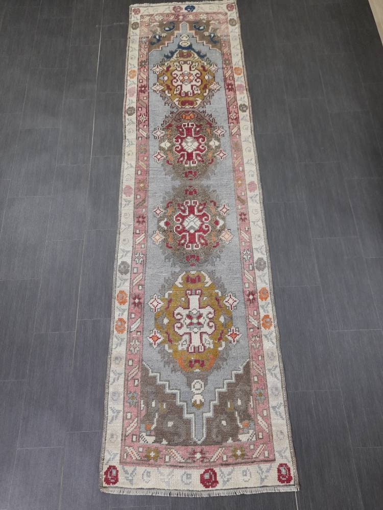 Vintage Oushak Runner Rug 2.6 x 10 Turkish Runner Rug Vintage Oriental Muted Runner Rug Runner Rug Soft Wool Runner Blue Vintage Runner Rug