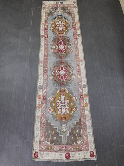 Vintage Oushak Runner Rug 2.6 x 10 Turkish Runner Rug Vintage Oriental Muted Runner Rug Runner Rug Soft Wool Runner Blue Vintage Runner Rug