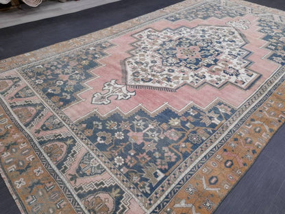 Blue and Pink OUSHAK RUG 6 x 11 TURKISH Rug Vintage Oriental Rug Vintage Persian Rug Wool Oushak Rug Hand Made Rug Vintage Turkish Rug