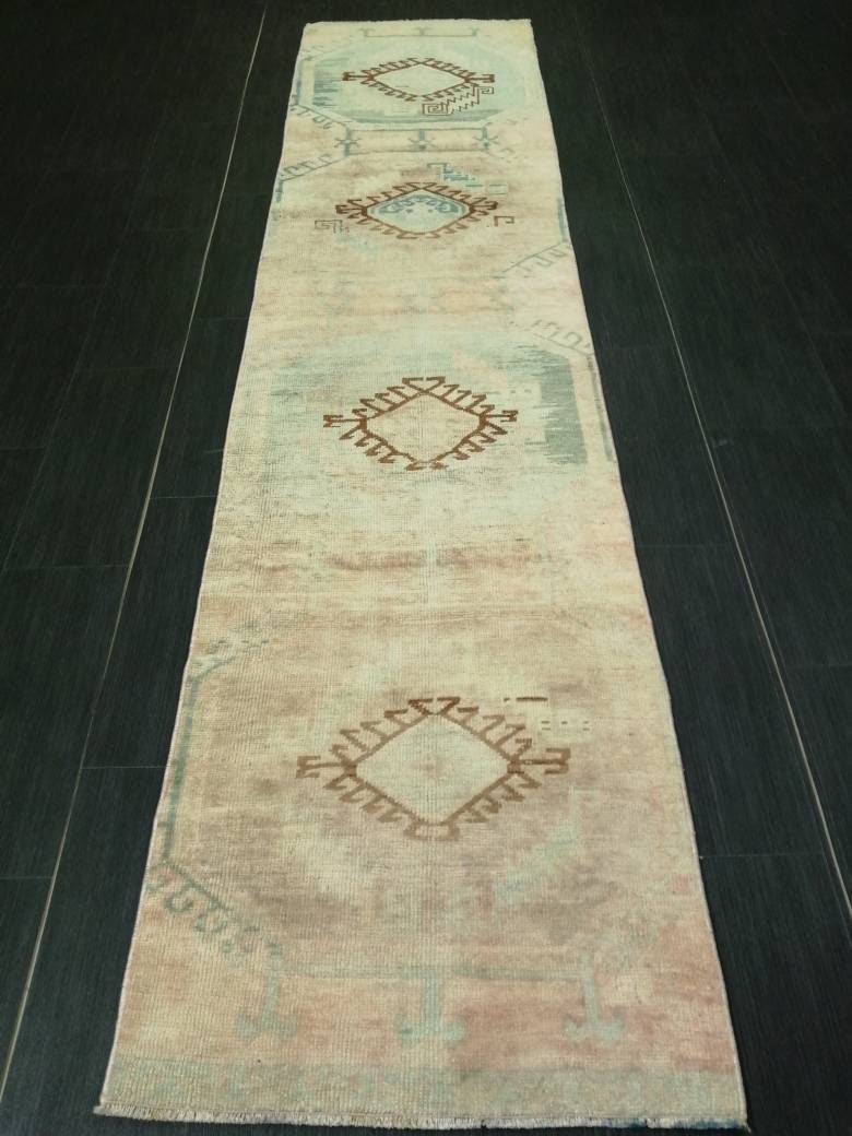 2.2 x 9.4 Vintage RUNNER Rugs, Muted Oushak RUNNER Rug, Faded Rug, Muted Turkish Rug, Muted Oriental Runner Rug, Vintage Persian Runner Rug