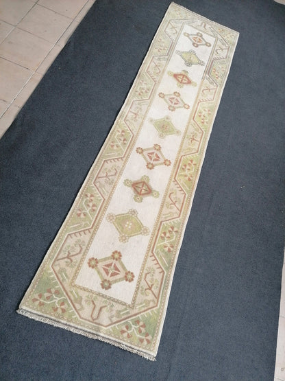 Pastel green  runner rug, 2'5x9'5 faded runner rug, turkish runner rug, vintage runner rug, hallway runner rug, kitchen runner