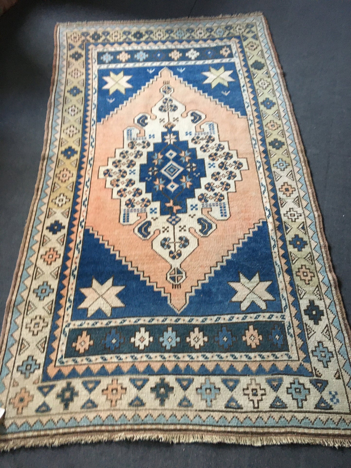 4x7.6 feet handmade blue kitchen floor rug, vintage living room area rug, pink turkish bedroom rug, oushak bathroom rug, wool bohemian rug