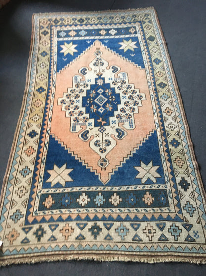 4x7.6 feet handmade blue kitchen floor rug, vintage living room area rug, pink turkish bedroom rug, oushak bathroom rug, wool bohemian rug