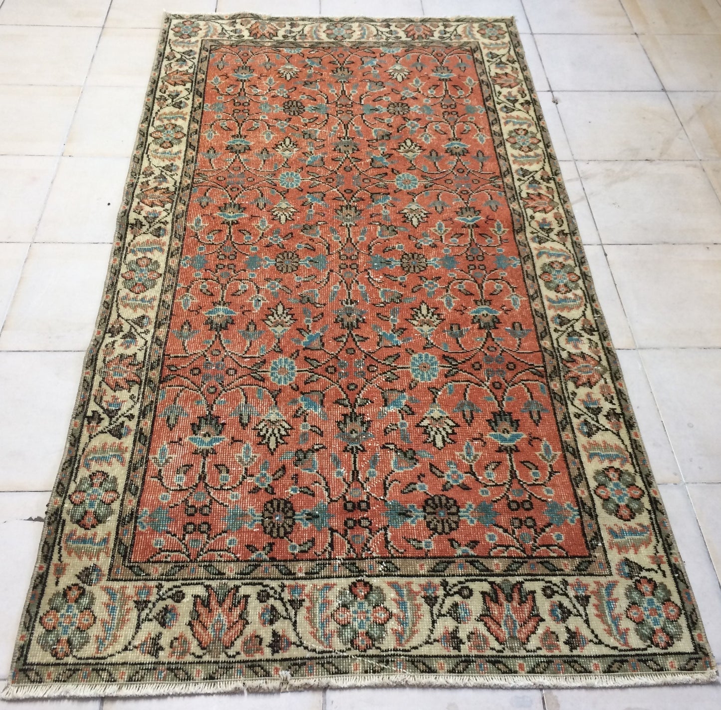 3.5 x 7 Rug Turkish Rug Eclectic Rug Shabby Chic Rug, Rustic Rug,Floral Boho Rug, Rug Runner,  Farmhouse Rug, Vintage Rug, Orange Rug