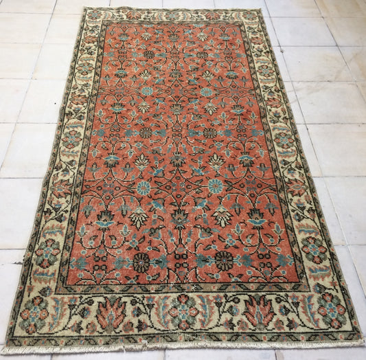 3.5 x 7 Rug Turkish Rug Eclectic Rug Shabby Chic Rug, Rustic Rug,Floral Boho Rug, Rug Runner,  Farmhouse Rug, Vintage Rug, Orange Rug