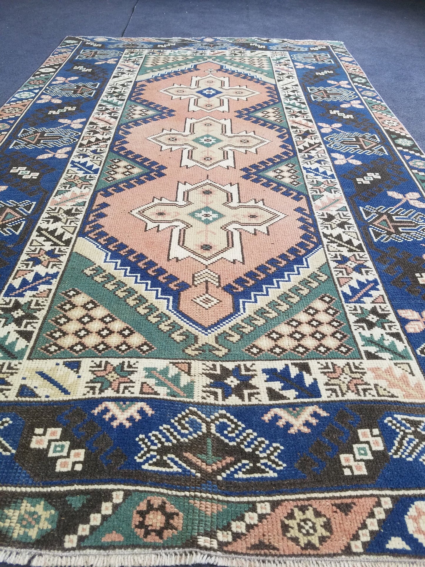 Vintage blue rug,turkish oushak rug 6'8x4'2 wool rug