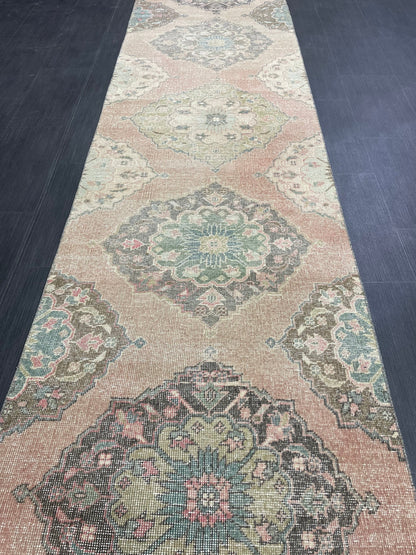 Distressed Runner Rug Muted Turkish Runner 3 x 13.2 Rug  Pink Vintage Runner Rug Hallway Runner Rug Muted Persian Runner Rug Wool Runner