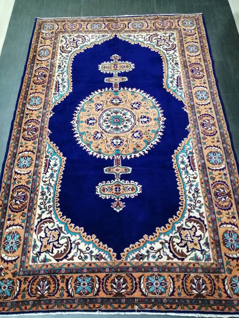 Navy High Wool Pile OUSHAK RUG 7 x 10.7 TURKISH Oushak Rug Vintage High Pile Oushak  Rug Vintage Rug Wool Oushak Rug Blue Rugs Persian Rug
