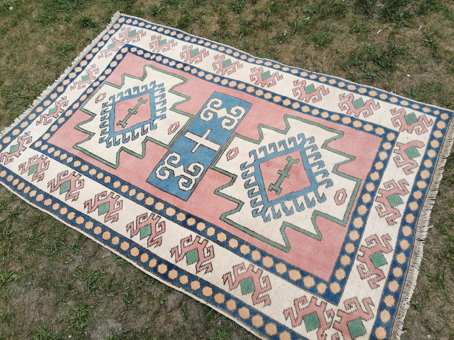 Vintage turkish blue rugs 4'5x6'9 oushak wool rug
