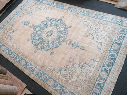 7 x 11 feet, oushak turkish rug, blue hand knotted rug, vintage anatolian rug,unique handmade rug,bohemian rug