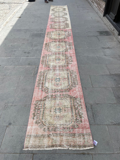 Muted Hand Knotted Extra Long Turkish Runner Distressed 2.4 x 18.6 Stairs Runner Rug Vintage Runner Rug XL Oriental Runner Staircase Runner