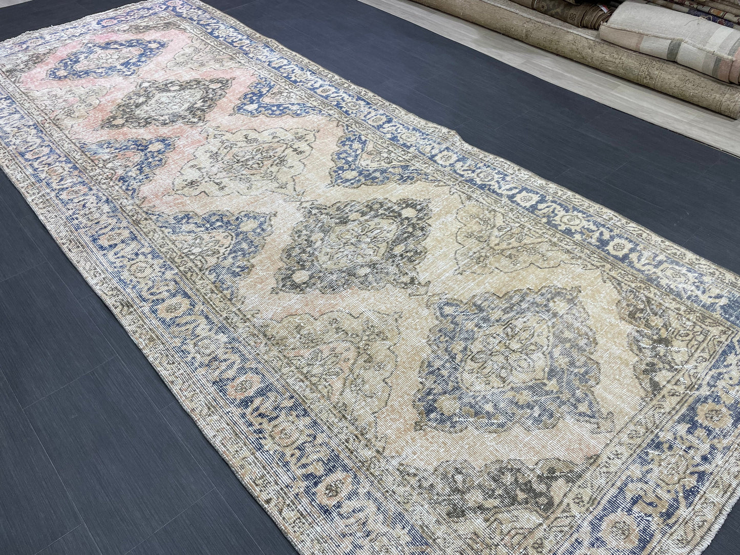 Vintage Runner Rug 4.8 x 11.8 Muted Turkish Runner Rug Hand Made Runner Rug Vintage Runner Rug Hallway Runner Rug Distressed Runner