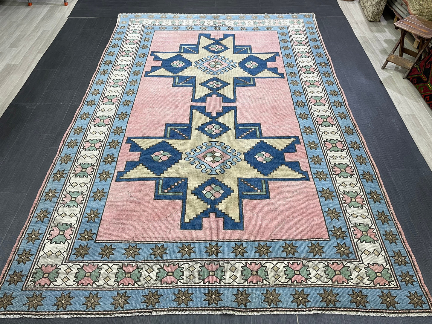 Turkish Rug Vintage 6.6 x 9.8 Rug Antique Rug Vintage Blue Pink Rug Wool