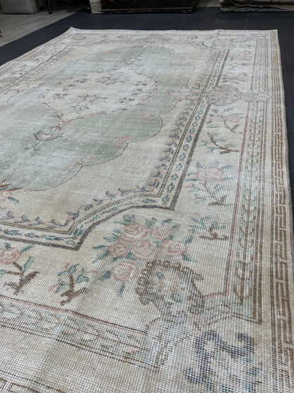 Handmade Rug 6x9 Oushak Rug Distressed Rustic Rug, Light Green Rug Hand Knotted Rug Turkish Rug, Farmhouse Rug, Vintage Rug, Wool rug