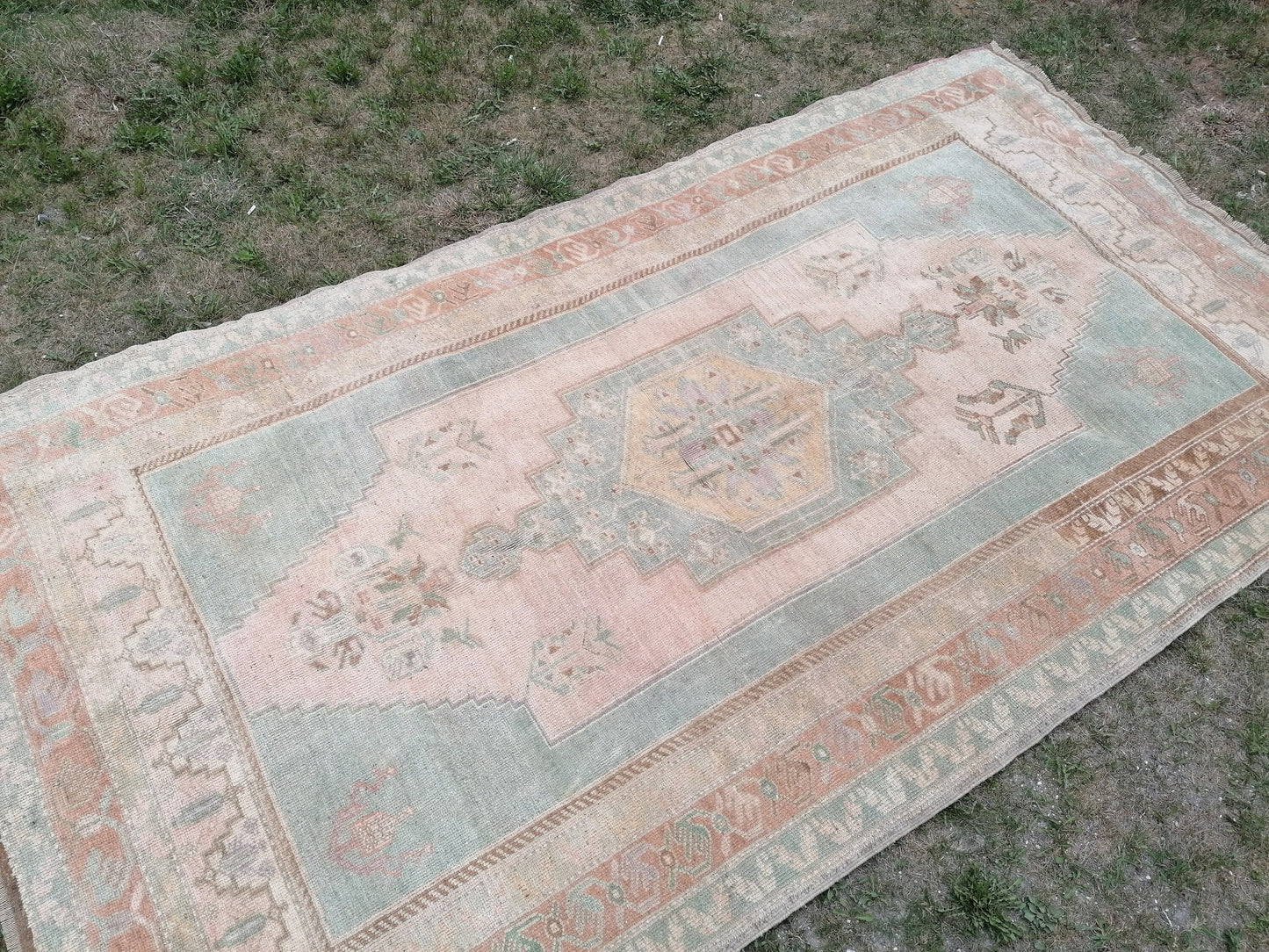 Vintage pastel rug 5'1x9'4 turkish oushak rug, rustic unsual tribal rug retro style rug traditional turkish design