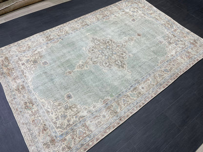 Green Vintage Rug Vintage 5.6 x 8.8 Hand Knotted Rug Wool Oushak Rug Hand Made Rugs Vintage Turkish Rug Persian Rug Distressed Rug