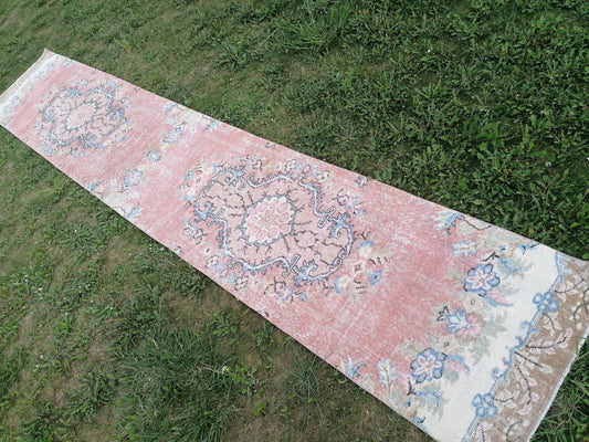 Oushak runner rug, long turkish, blue runner rug, 2'7x15 feet muted pastel colors new trend corridor rug,vintage runner,hallway runner