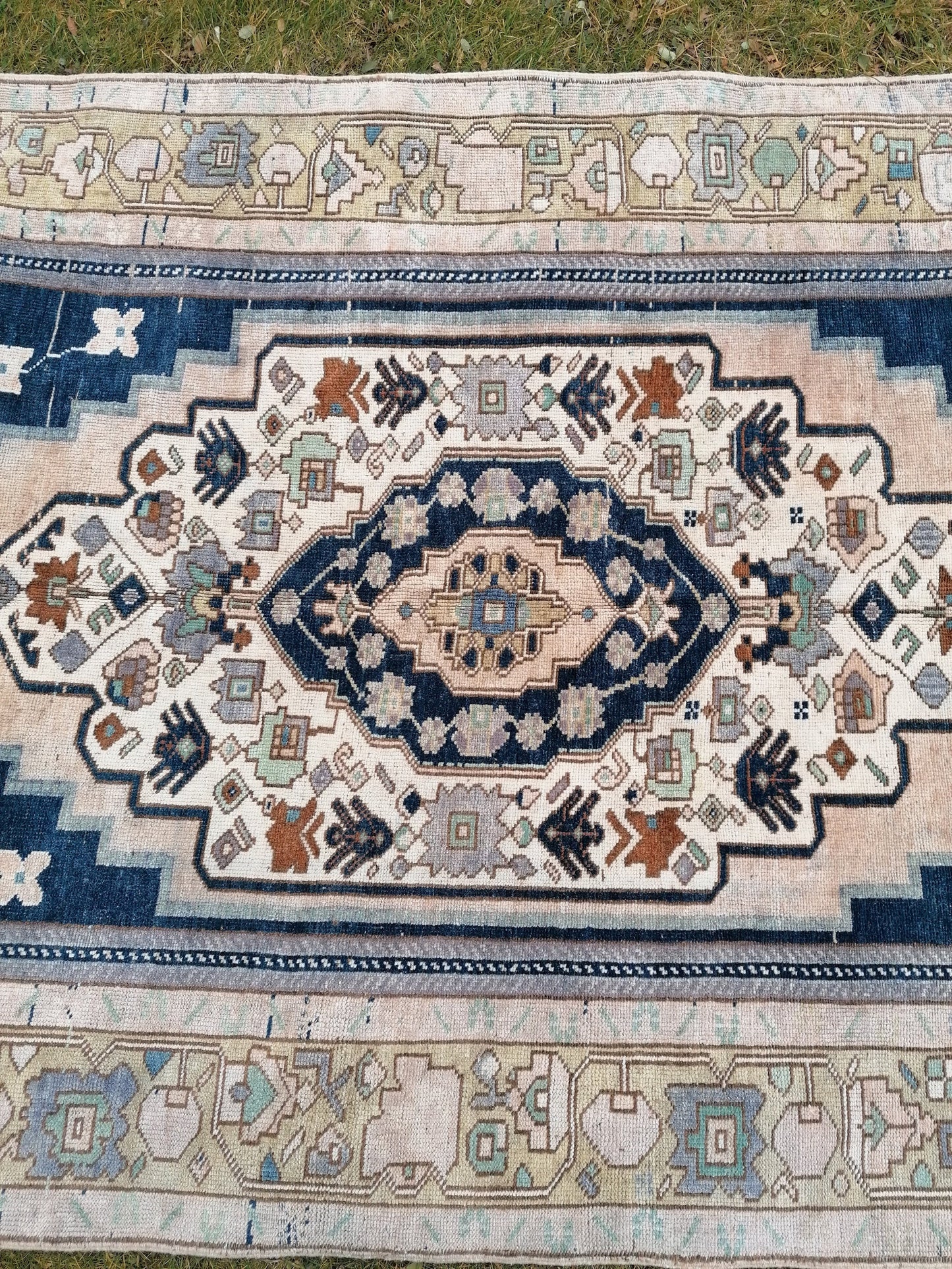 Turkish oushak rug, blue vintage rug 5'2x10 vintage oushak rug, unique hand made rug kitchen rug bohemian rug