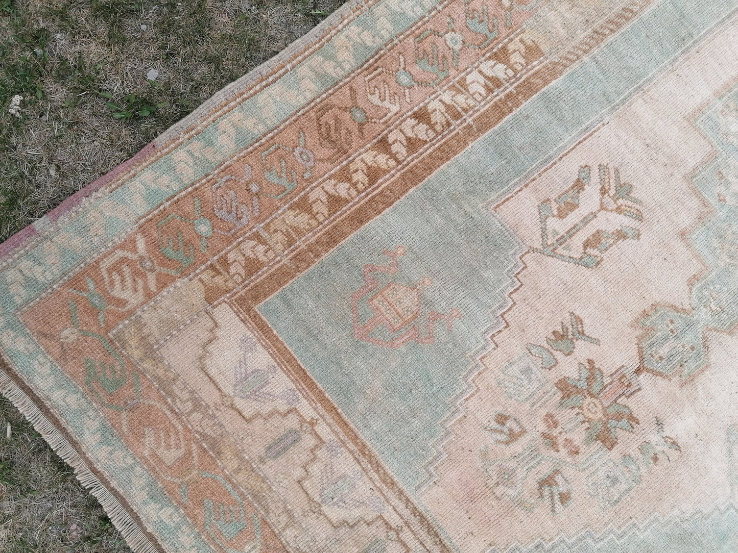 Vintage pastel rug 5'1x9'4 turkish oushak rug, rustic unsual tribal rug retro style rug traditional turkish design