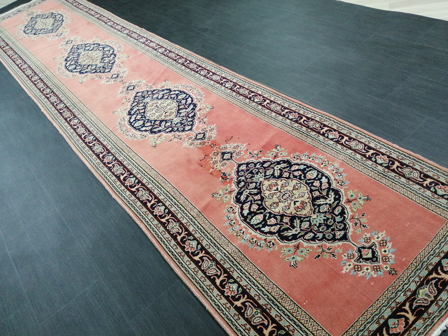 Oushak Runner Rug 3.2 x 14 Turkish Runner Rug Persian Vintage Runner Pink and Navy XL Hallway Runner Rug Stairs Runner Rug Extra Long Runner