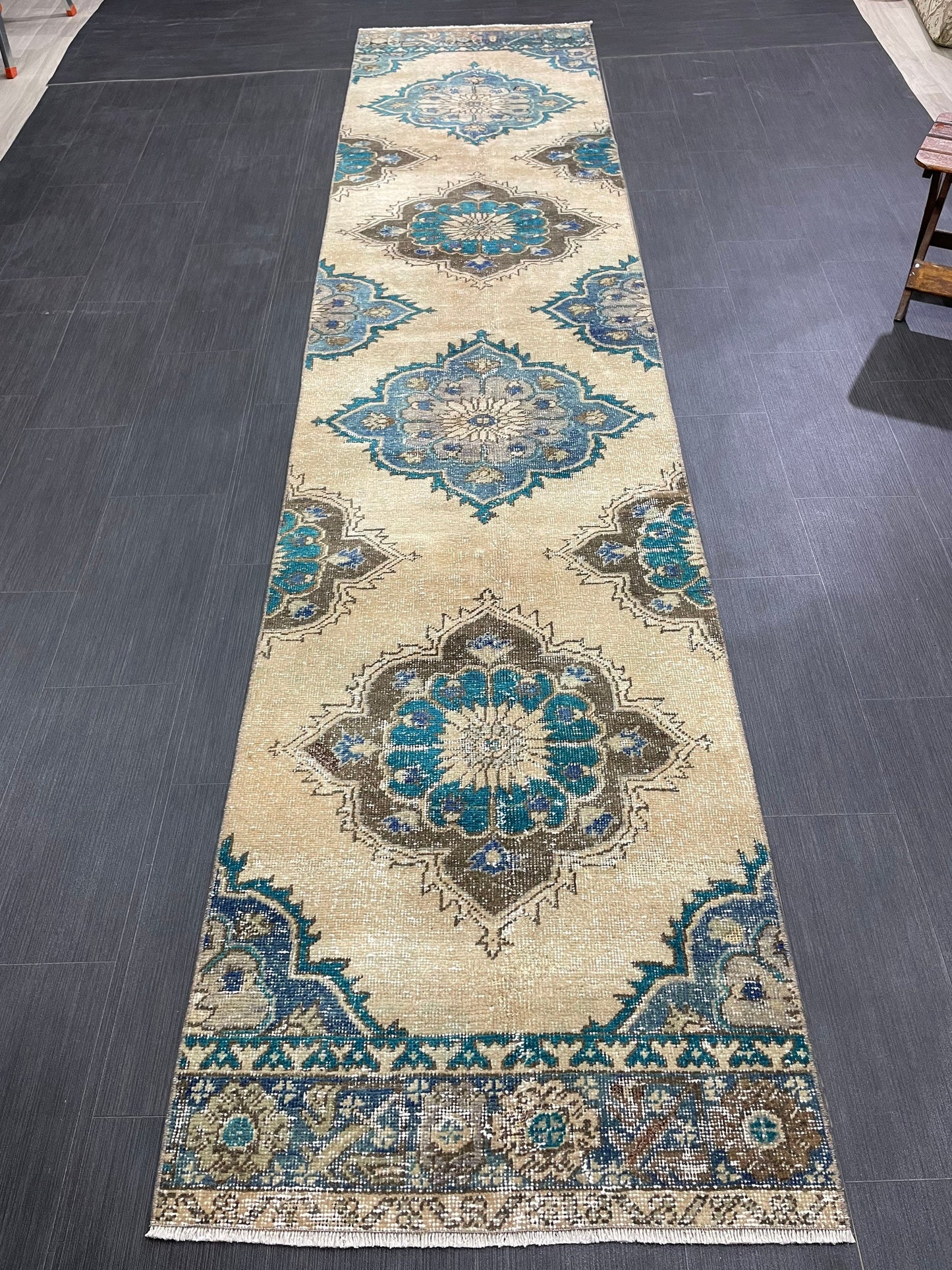 Distressed Handmade Runner Rug 2.8 x 12.4 Turkish Runner Rug Vintage Runner Rug Hallway Runner Rug Kitchen Runner Rug Wool Runner Rug