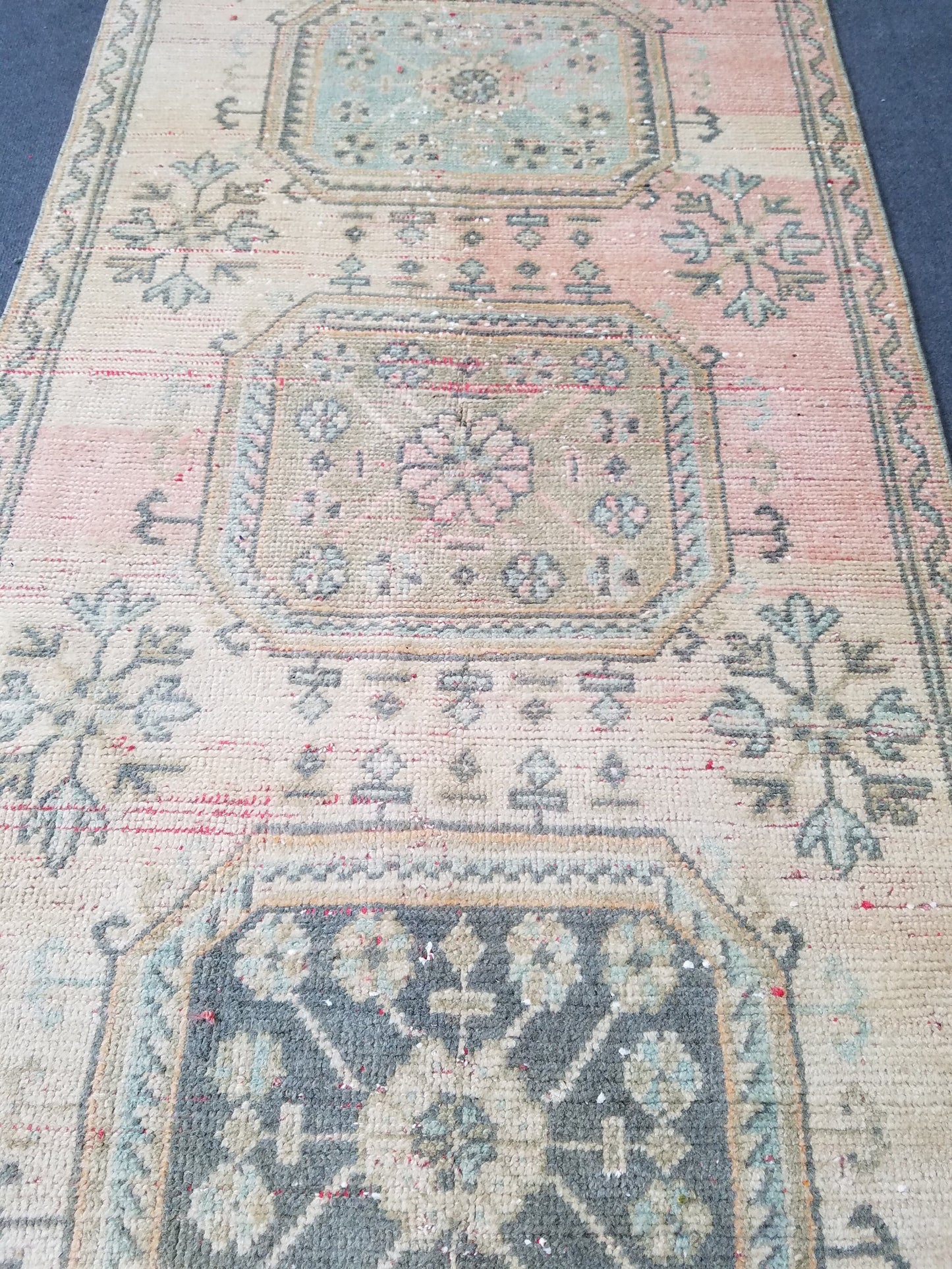 11'x3'2 oushak turkish runner rug, vintage runner rug, vintage oushak runner, vintage anatolian  runnerrug,unique hand made rug,kitchen rug
