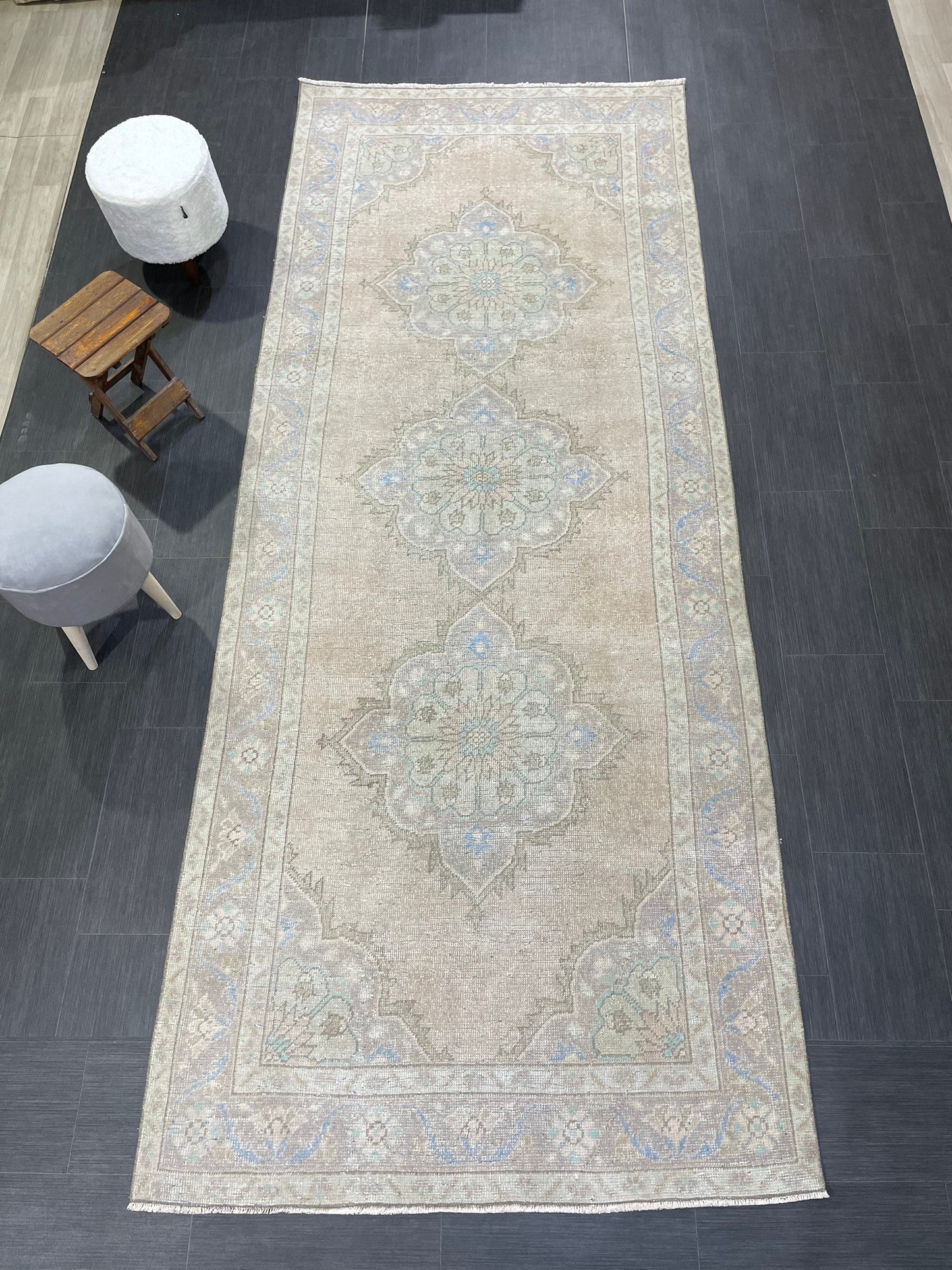 Muted Turkish Runner Rug Turkish Oushak 4.4 x 11.2 Runner Rug Vintage Runner Rug Hallway Runner Rug Kitchen Runner Rug Wool Runner Rug