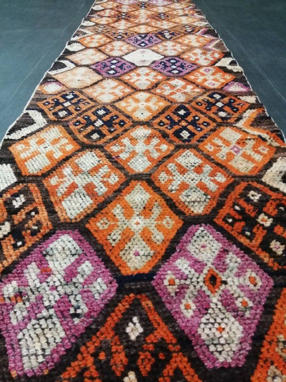 Vintage Runner Rug 2.6 x 13.6 Turkish runner rug , Medium Wool Pile Runner , Brown Oushak rug, Hallway Rug runner , Earth Tones Runner Rug