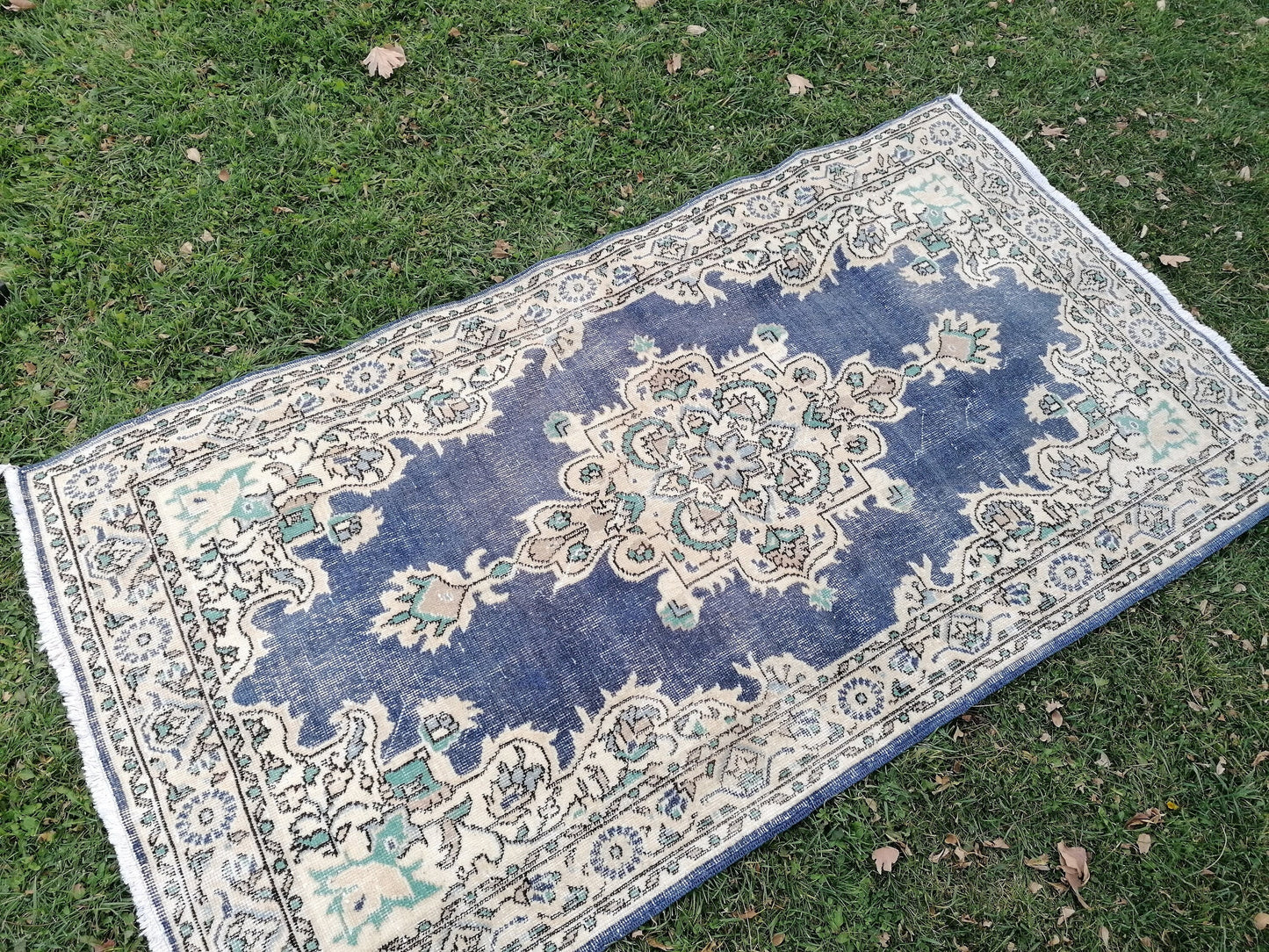 Turkish oushak rug, blue vintage rug 7'2x3'10