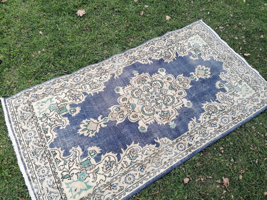 Turkish oushak rug, blue vintage rug 7'2x3'10