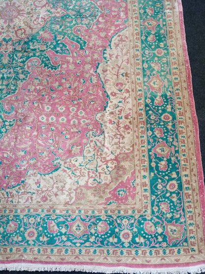 7 x 9.5 Persian RUG Vintage TURKISH Pink Green Oriental Rug Vintage  Vintage Runner Rug Wool Oushak Rug Handmade Rug Hand Knotted Rug