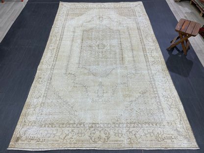 Neutral Vintage Rug Muted TURKISH 5.5 x 9.2 Rug Handmade Rug Distressed Rug  Large Turkish Oushak Rug Wool Rug Hand Knotted Rug