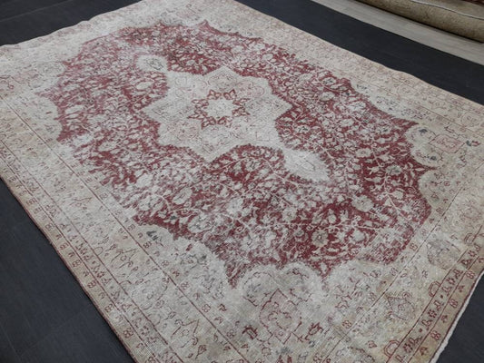 Vintage Turkish Rug 6.6 x 9 Oushak Rug Persian Rug Oriental Red Rug Muted Vintage Floral Rug Elegant Wool Rug Distressed HAND Knotted Rug