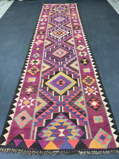Vintage Runner rug 3.4 x 12.5 Handmade Flat woven Runner Kilim Runner Rug XL Oriental Runner Vintage Flat weave Rug Wool Carpet Rug