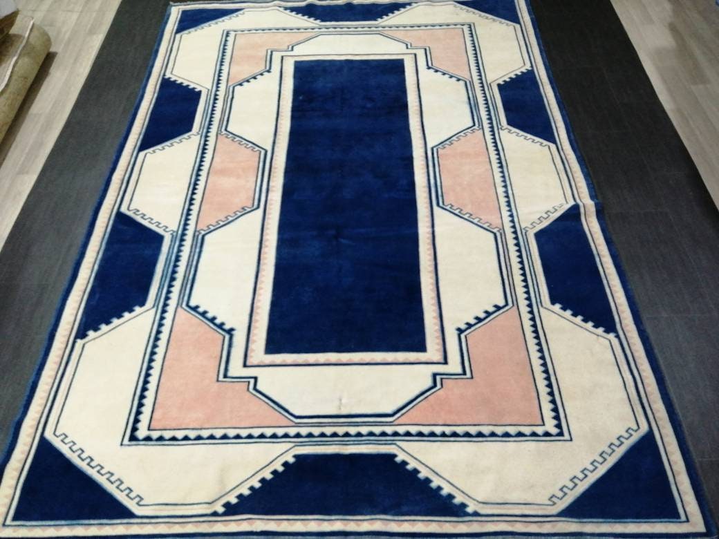 Vintage Rug,  Navy Unique Pattern Rug 6.8 x 9.8 Oushak Rugs, 7x10 Rugs,Turkish Rugs Navy Blush Green Rugs, Oriental Rug, Fine Rugs