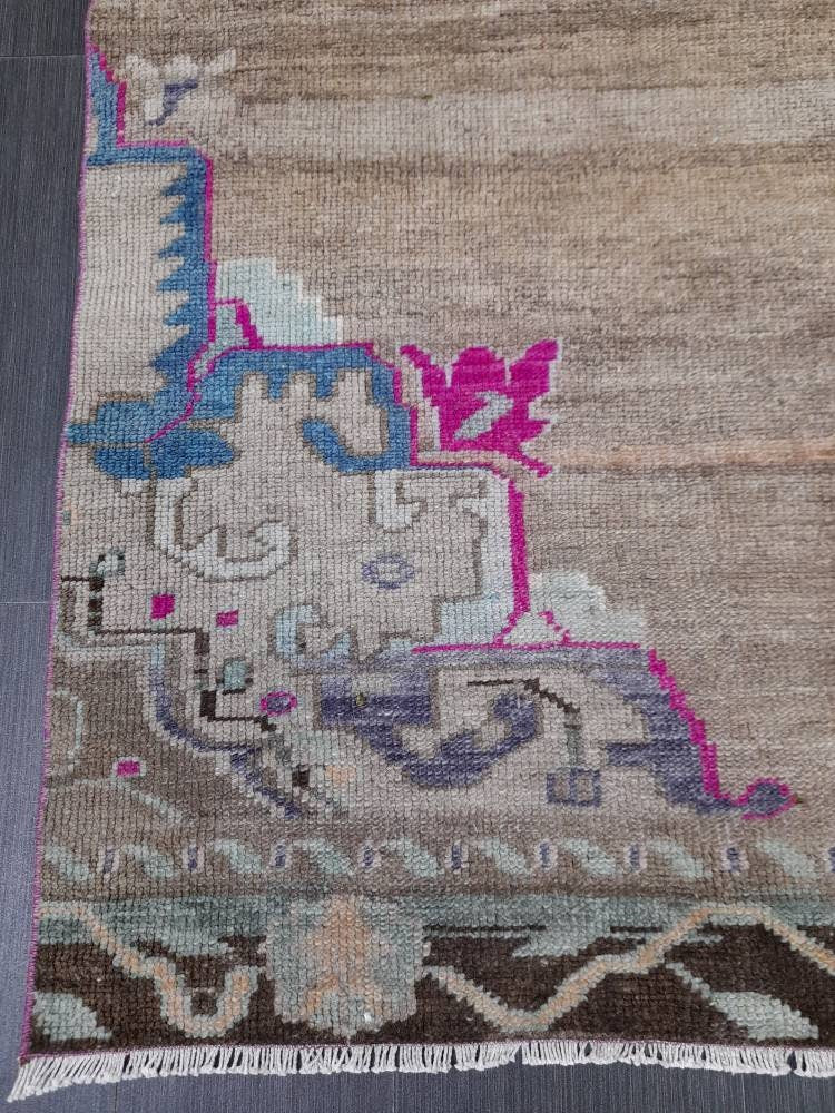 Vintage Runner Rug 3.6 x 10.5 Turkish Runner Rug Varigated  Brown Vintage Runner Rug Hallway Runner Rug Kitchen Runner Rug Wool Runner