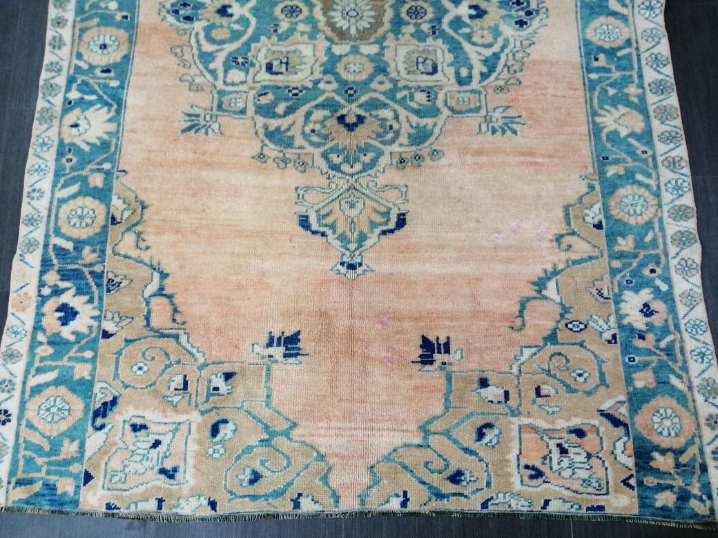Wool Vintage Rug Turkish Rug 5.4 x 8.8  Muted Oushak  Rug,  Hand Made Rug, Living Room Rug, Oushak Rug, Blue Rug Medium Wool Pile Rug