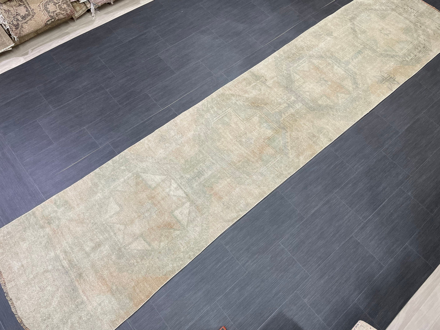 Muted Vintage Runner Rug 2.8 x 12.7 ft Muted Turkish runner rug Wool Pile Oushak Runner Hallway Rug runner Hand Knotted Star Runner Rug