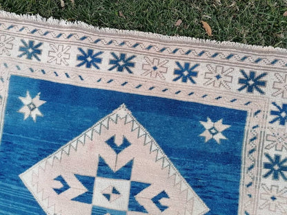 Oushak turkish rug, blue vintage wool rug, 4'5x5'7 vintage hand made wool rug, living room rug, bohemian rug