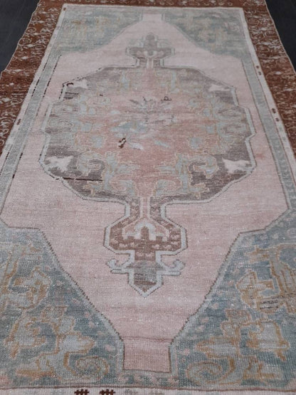 Wool Oushak Rug Vintage 4 x 6.4 Rug Muted Vintage Runner Rug Wool Oriental Rug Hand Made Rugs Vintage Turkish Rug Muted Persian Wool Rug