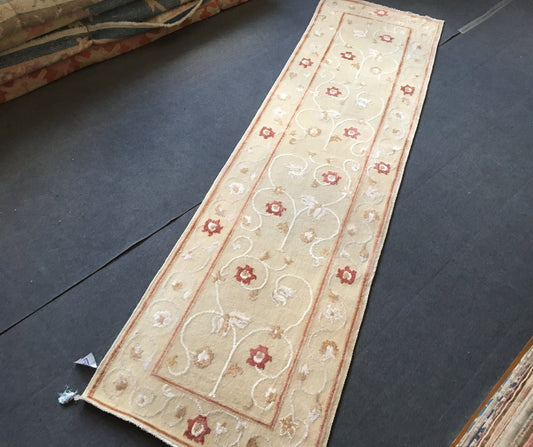 2.6x9 feet handmade vintage floral runner rug, turkish living room area runner, brown wool corridor runner, oushak laundry rug, bathr runner
