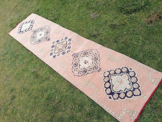2.3x9.5 feet oushak turkish runner rug, vintage handmade wool runner rug, hallway runner rug, kitchen runner rug, bathroom floor runner