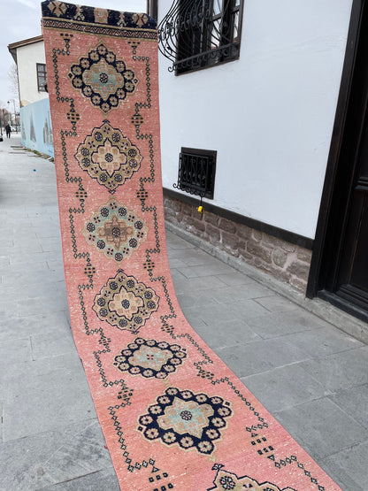Handmade Extra Long Turkish Runner Very Long Oushak Runner Rug 2.6 x 20.4 Vintage Runner Rug Pink XL Oriental Runner Rug Staircase Runner