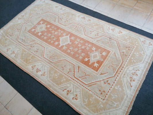 5 x 8.9 muted soft colors rug, turkish rug, vintage turkish rug ,oushak vintage rug,