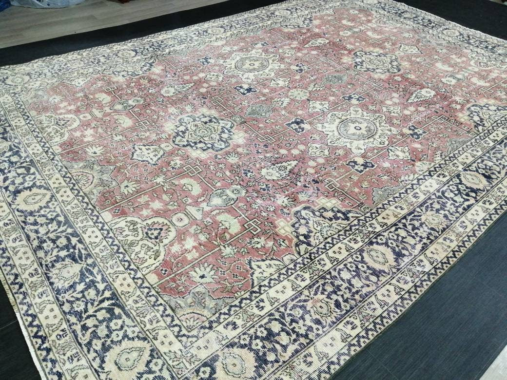Muted Persian RUG 7.7 x 11 Turkish Oushak Rug Vintage Antique Rug Vintage Blue Pink Rug Wool Muted Oriental Rug Hand Made Rug