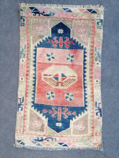 Vintage wool small rug 1'8x2'9 turkish oushak rug, blue hallway hand made rug kitchen rug bohemian rug