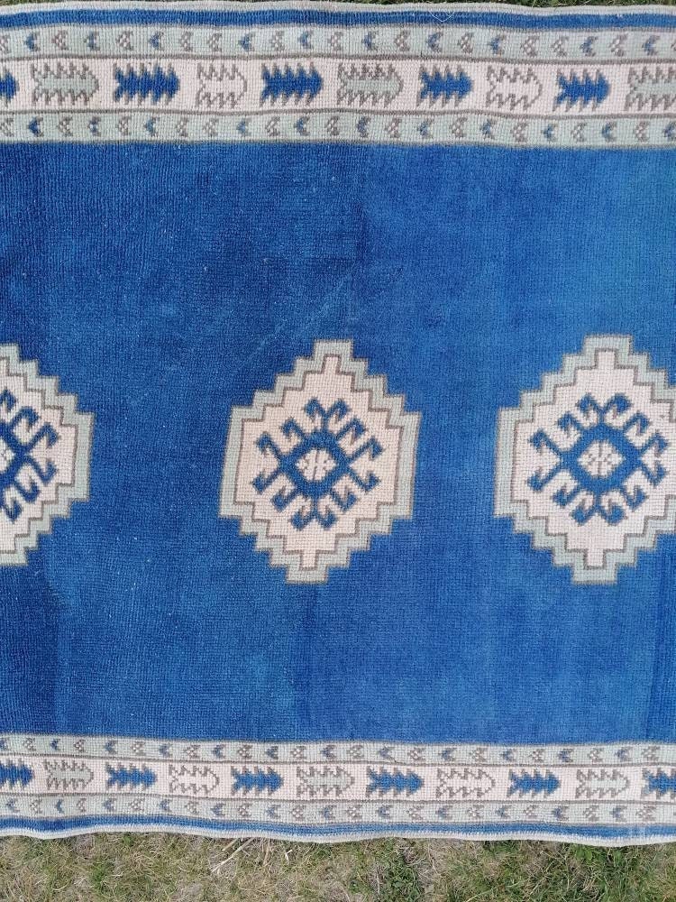 Turkish blue rug, vintage wool rug, oushak vintage rug,kitchen rug, 4x5'6 vintage anatolian rug,unique hand made bohemian